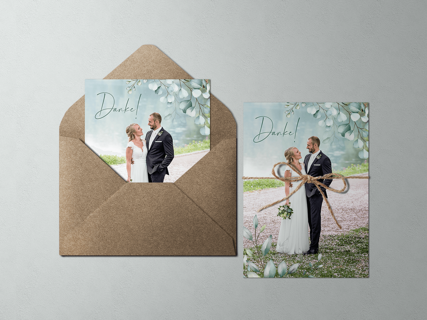 Dankeskarte Hochzeit Dankeskarte Hochzeit mintgrün Eukalyptus und Ranken, Brautpaar, Briefumschlag Kraftpapier