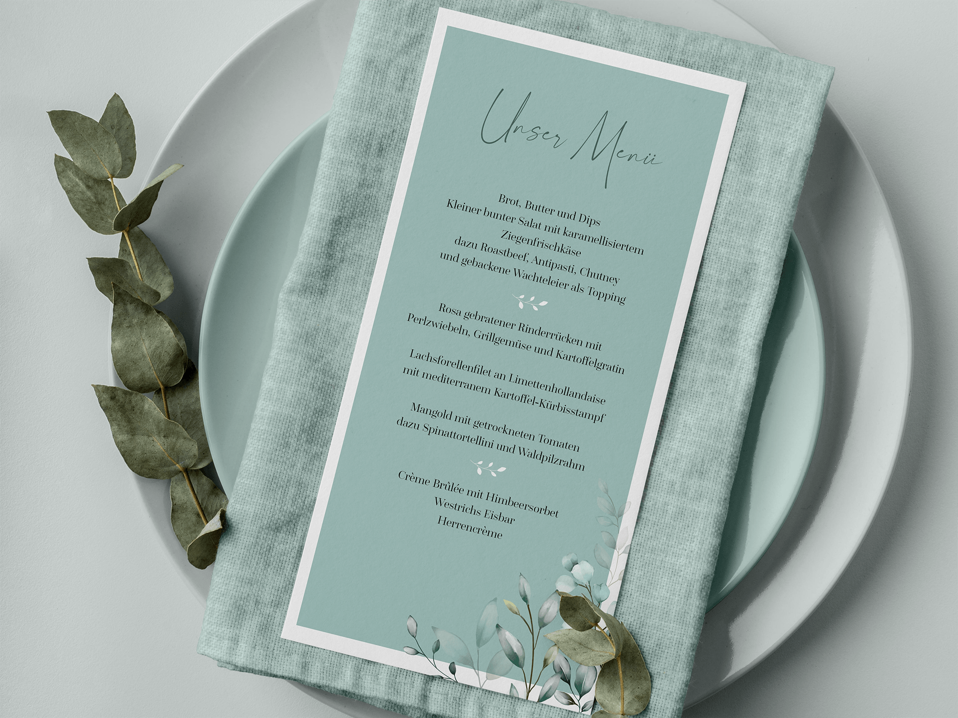 Menükarte & Getränkekarte Hochzeit Menükarte Hochzeit, Getränkekarte Hochzeit, mintgrün Eukalyptus und Ranken, Teller, Serviette, Eukalyptuszweig