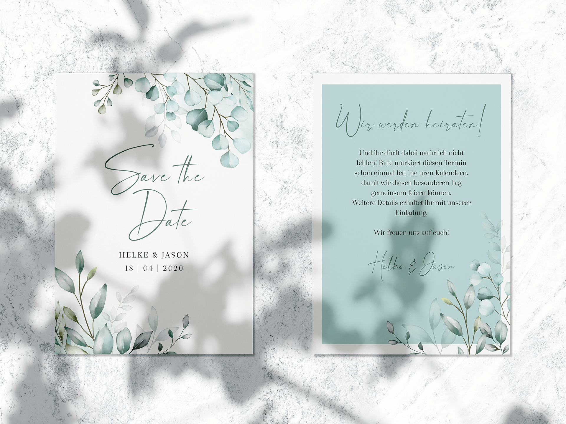 Save the Date Karte Hochzeit Save the Date Karte Hochzeit mintgrün mit Eukalyptus und Ranken
