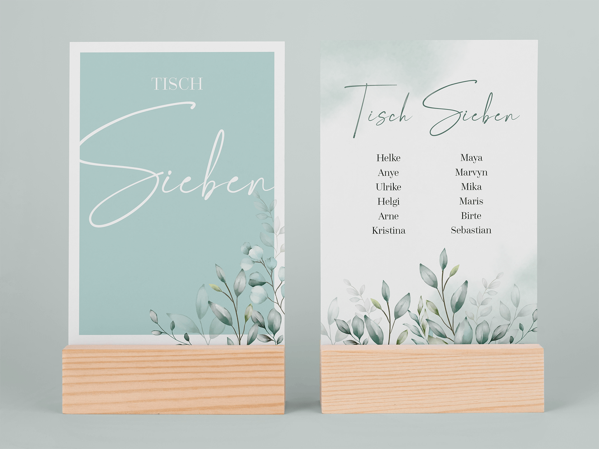 Tischkarte & Tischnummer Hochzeit Tischkarte Hochzeit, Tischnummer Hochzeit, mintgrün mit Eukalyptus und Ranken, 2 Karten in Kartenhalter aus Holz