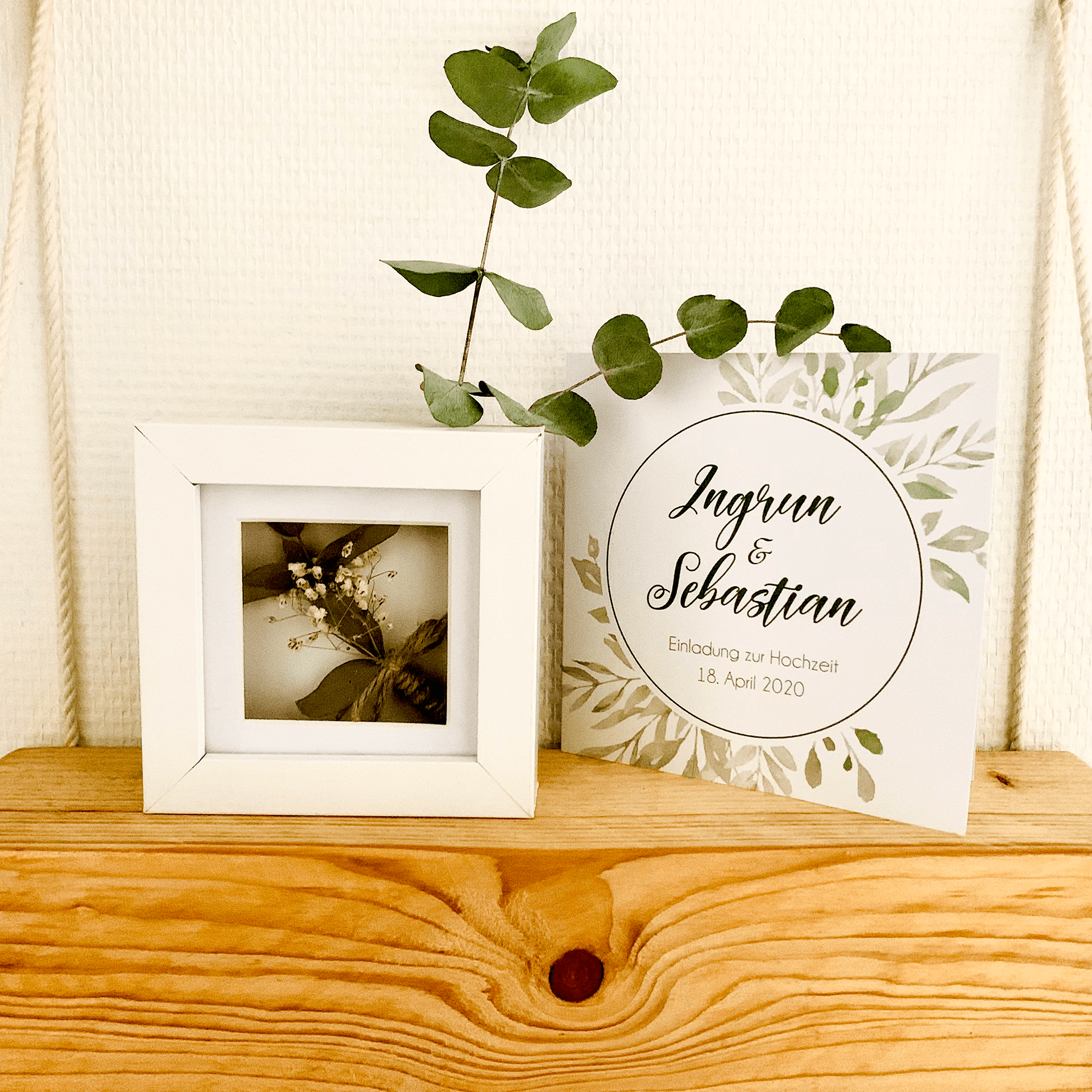 Einladung Hochzeit, quadratische Klappkarte mit Blätterranken