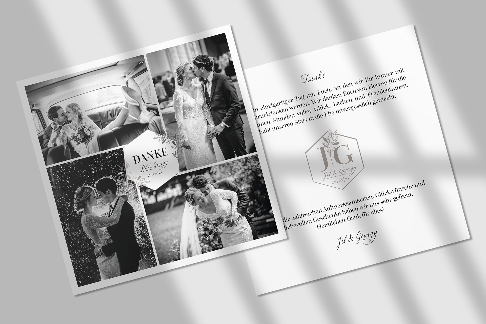 Dankeskarte Hochzeit, Quadratische Karte mit schwarz-weiß-Fotos von einem Brautpaar, Danksagungstext auf der Rückseite