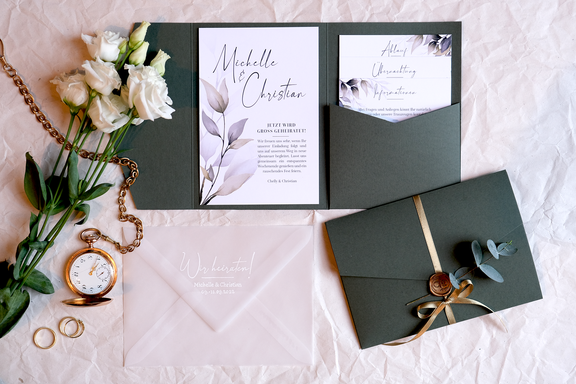 Einladung Hochzeit, Pocketfold Karte mit dunkelgrünem Umschlag, Eukalyptus