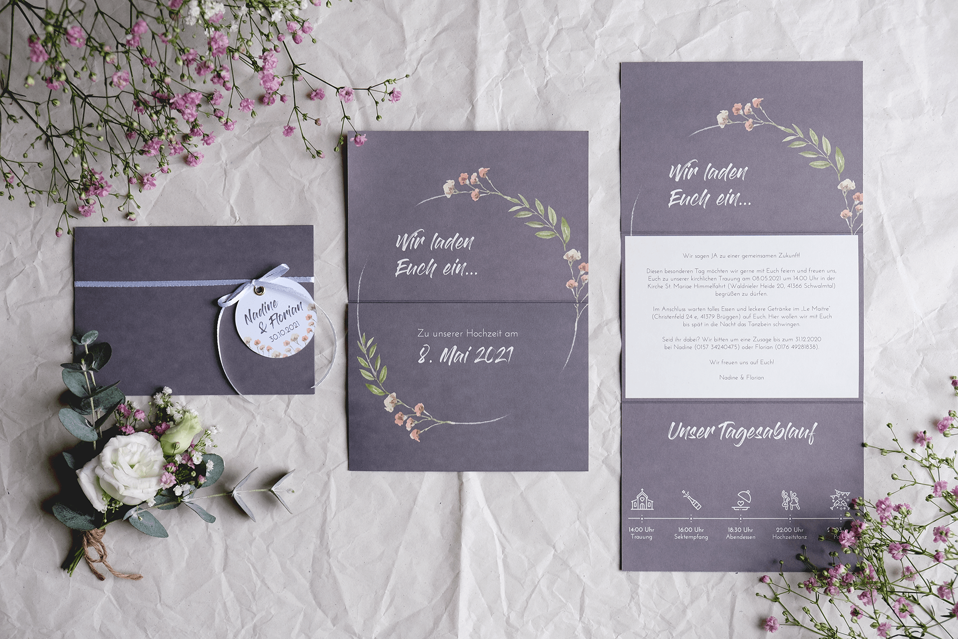 Einladung Hochzeit, taupe mit floralen Elementen