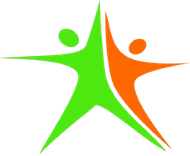 Twee gestileerde figuren in groen en oranje die in een stervorm omhoog reiken.