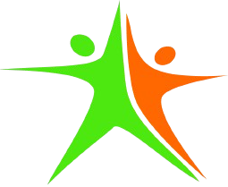 Twee gestileerde figuren in groen en oranje die in een stervorm omhoog reiken.