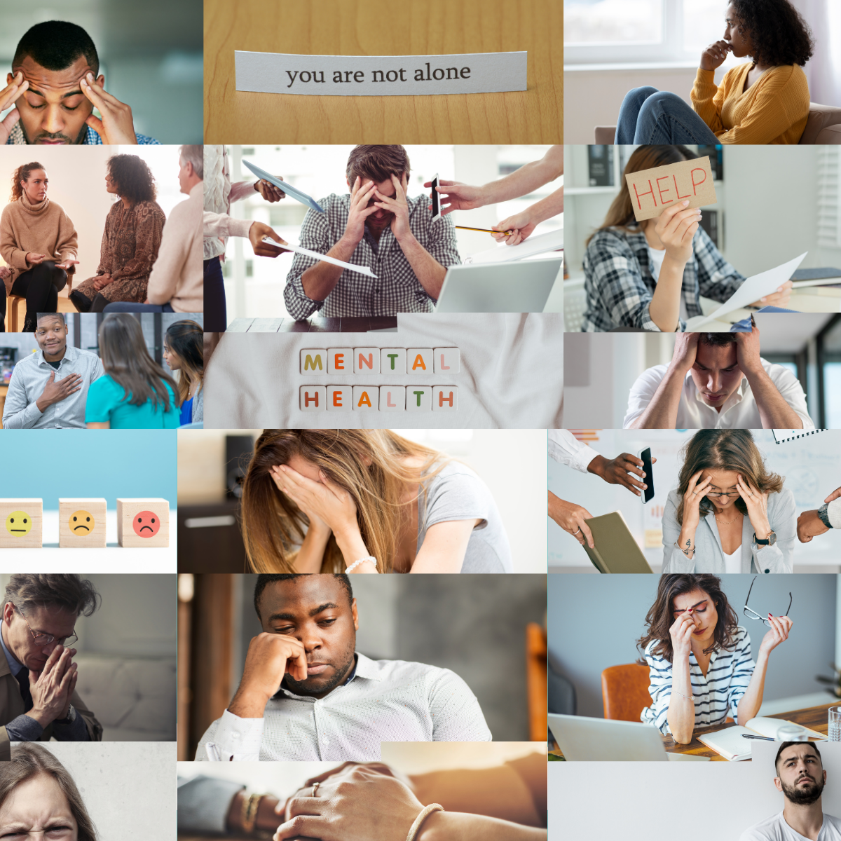 A collage of people with a sign that says you are not alone