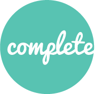 The word complete is written in white on a blue circle.