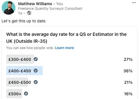 A facebook post asking what is the average day rate for a qs or estimator in the uk.