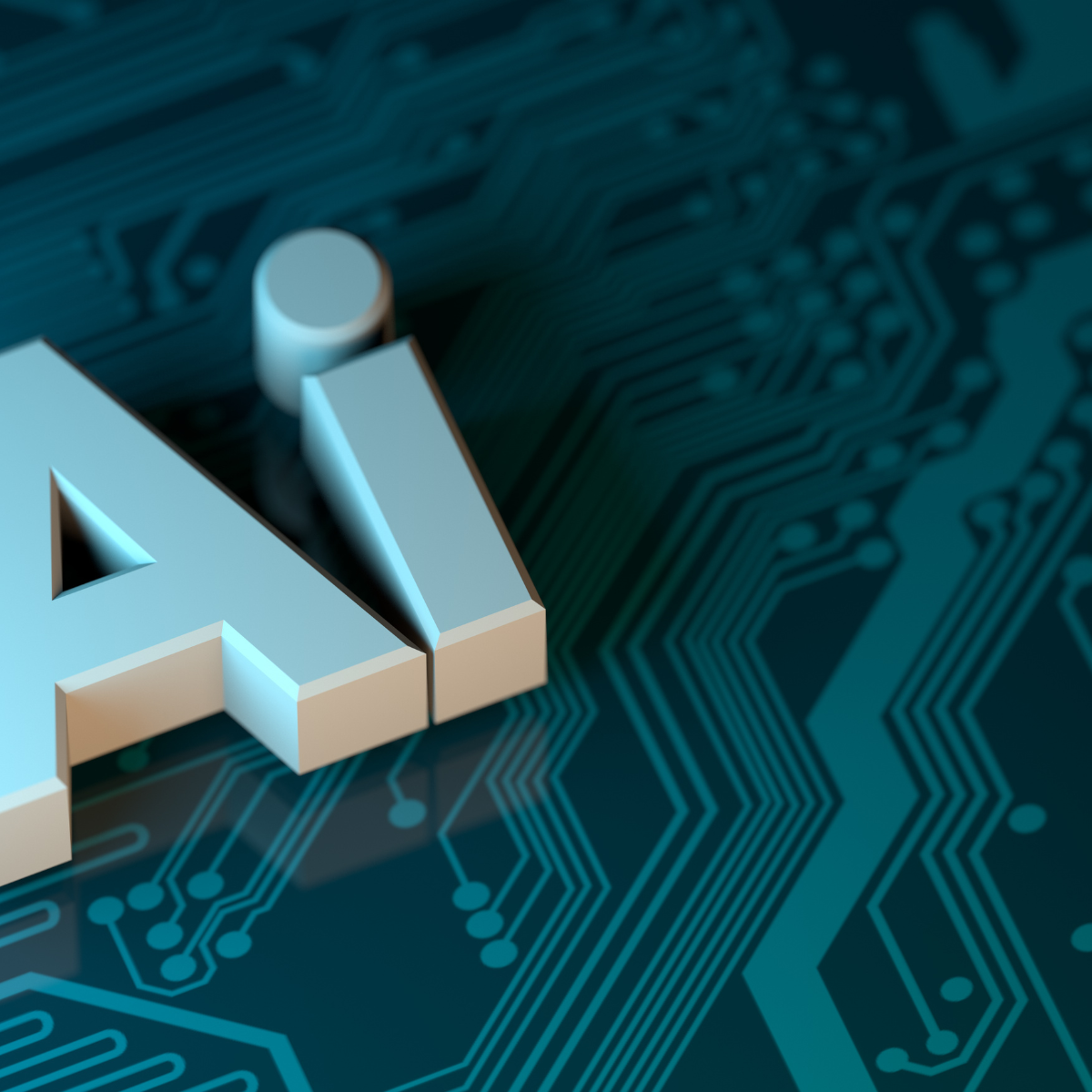 The word ai is on a blue circuit board