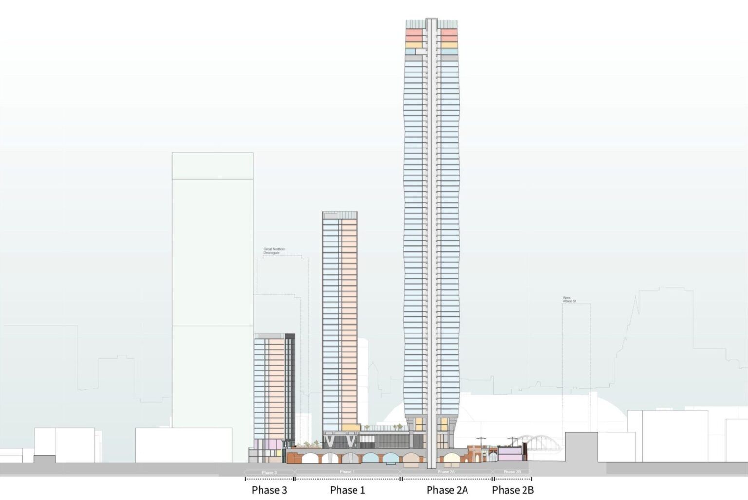 A drawing of a building with a lot of windows on a white background.
