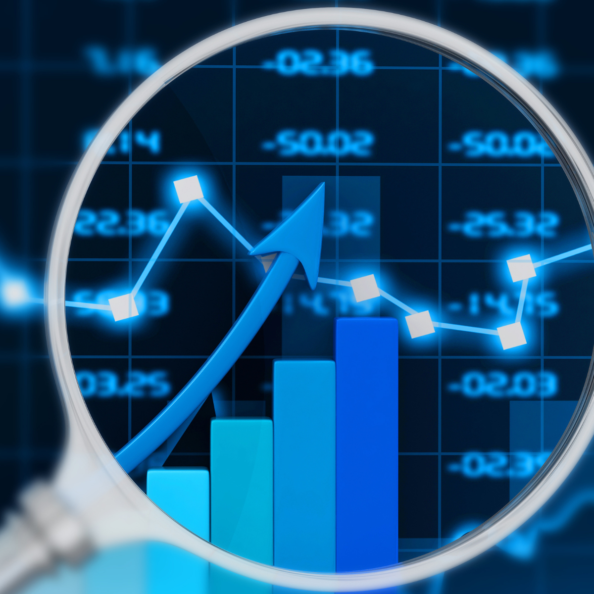 A magnifying glass shows a graph with an arrow pointing up