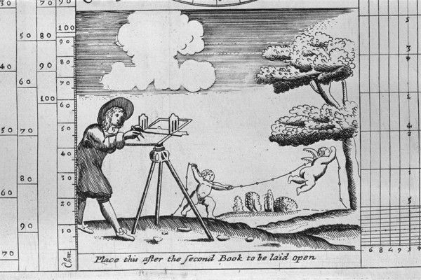 A black and white drawing of a man using a telescope