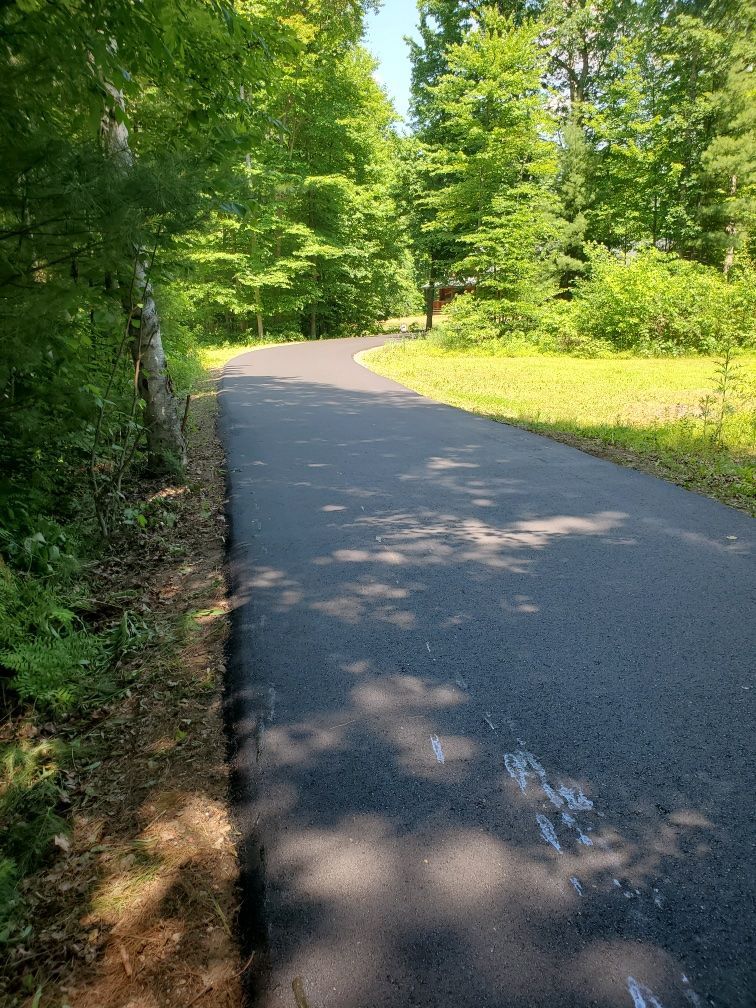 A road that is surrounded by trees and grass on a sunny day.