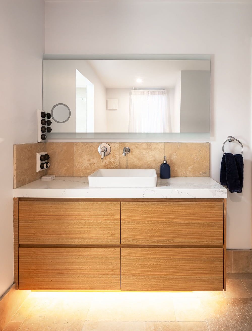 A Bathroom With A Sink, Mirror And Wooden Cabinets — Cross Cabinets In Chevallum, QLD