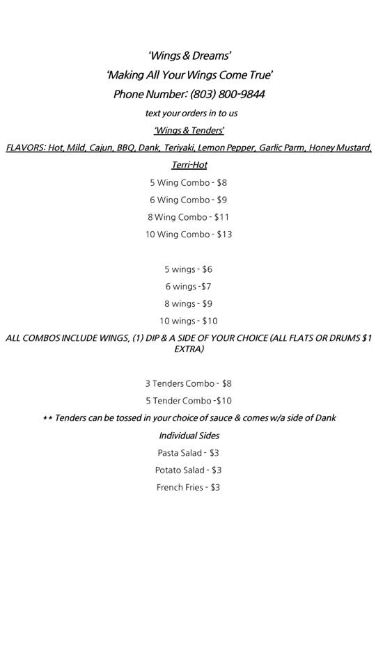 Wing & D'Vine's food menu, offering wings, combos, and sides. Phone number included.
