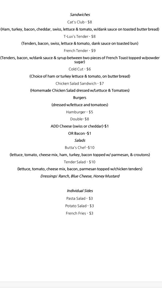 Menu listing sandwiches, burgers, salads, and individual items.