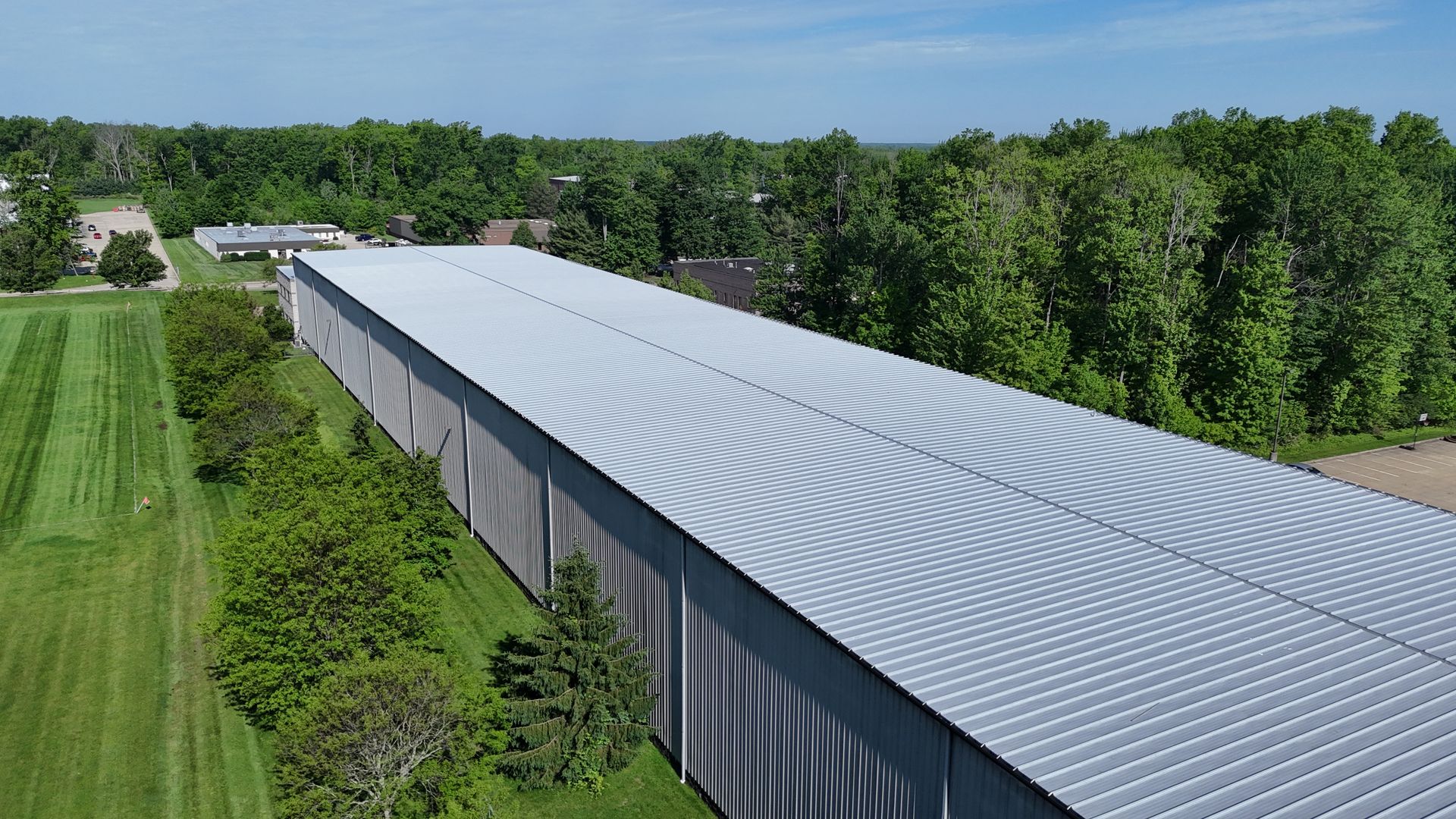 Metal roof in Strongsville, Ohio, that's been repaired by installing a roof coating system.
