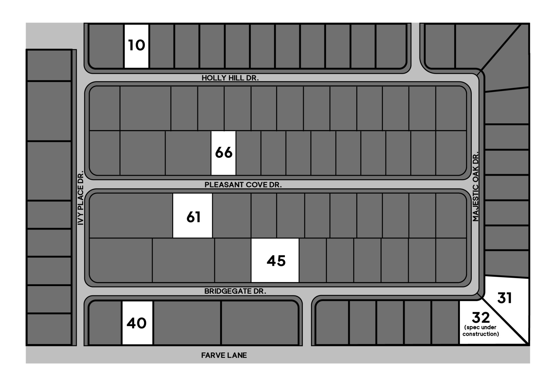  detailed map layout of available lots at Ivy Place subdivision for new home builds.