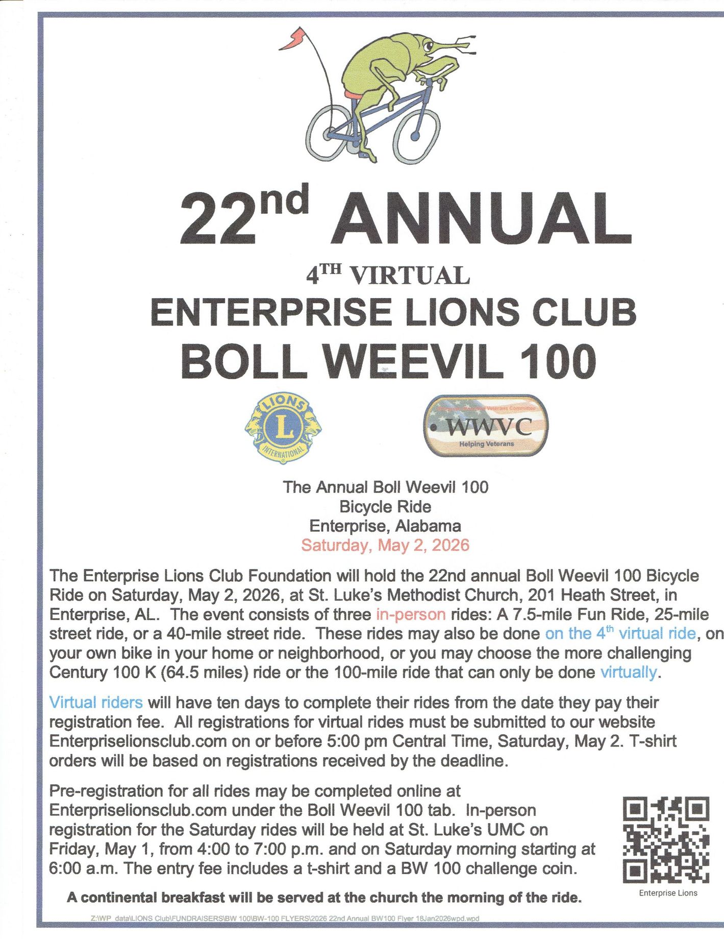 Poster for 22nd Annual Boll Weevil 100 bike ride. Sponsored by the Enterprise Lions Club, Alabama.