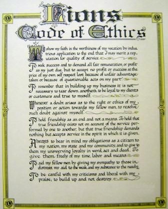 Lions Code of Ethics document with ornate border, handwritten text, and a medieval-style font.