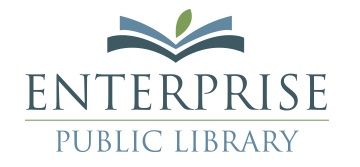 Logo for Enterprise Public Library: Blue open book icon above the text