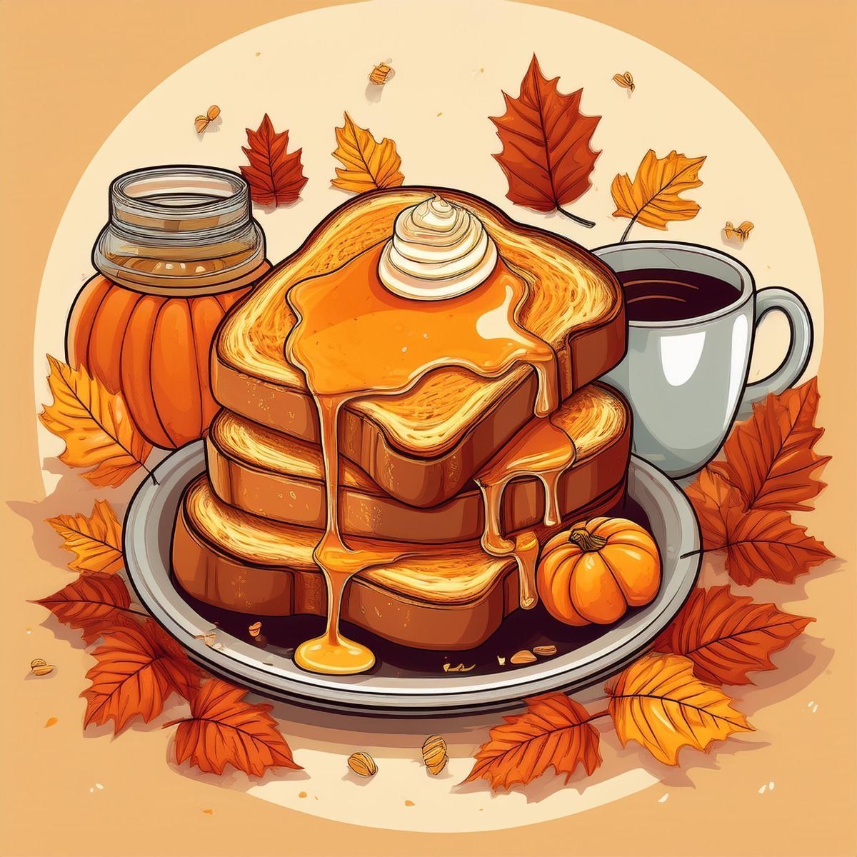 Stack of toast with syrup, butter, and coffee, surrounded by fall leaves and pumpkins.