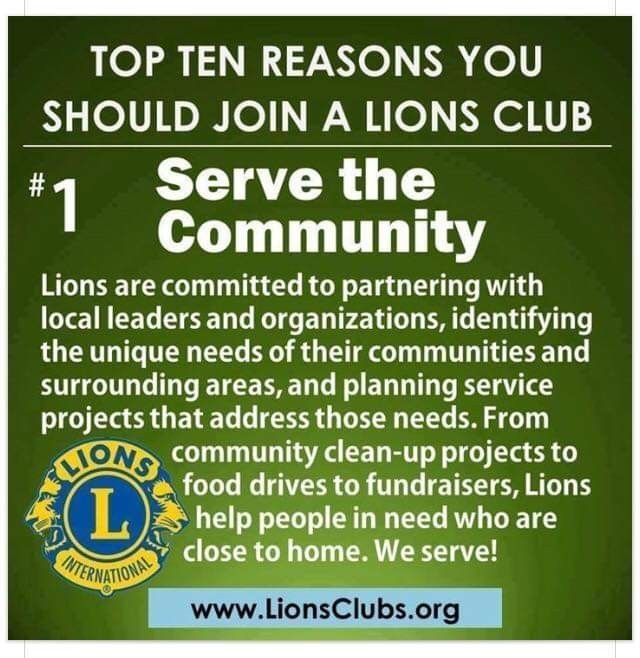 An advertisement for Lions Clubs; the top reason to join is to serve the community.