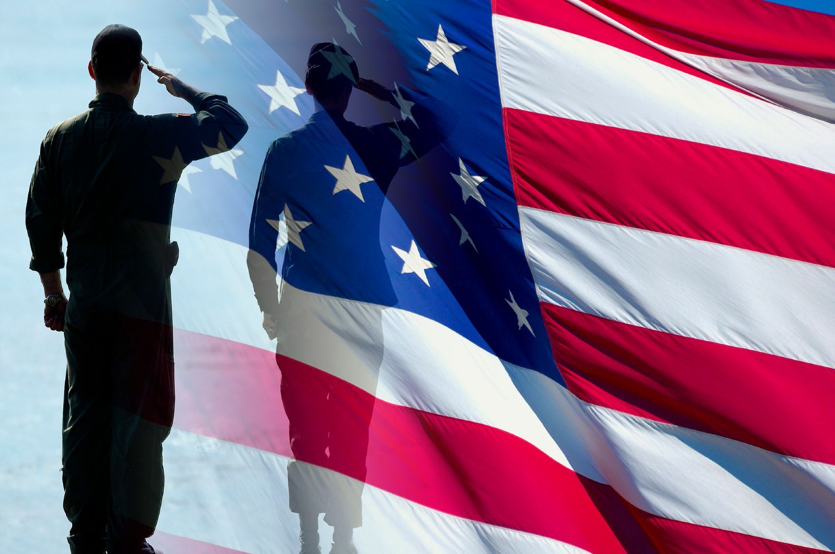 Soldier salutes, superimposed on waving American flag.