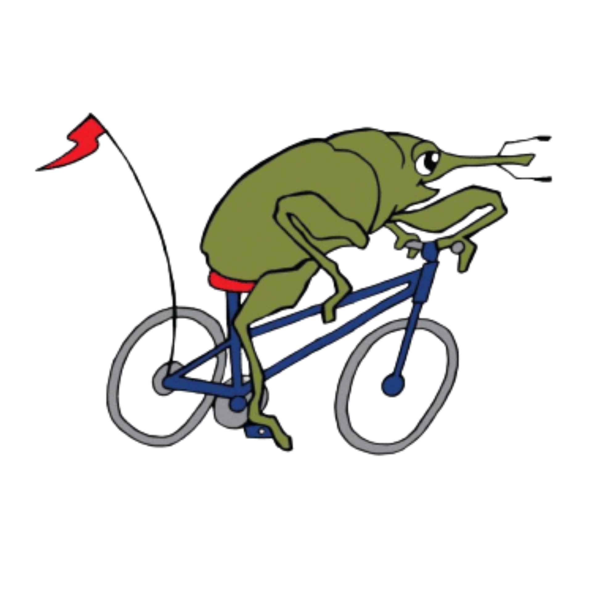 Green insect-like creature riding a blue bicycle with a red flag.
