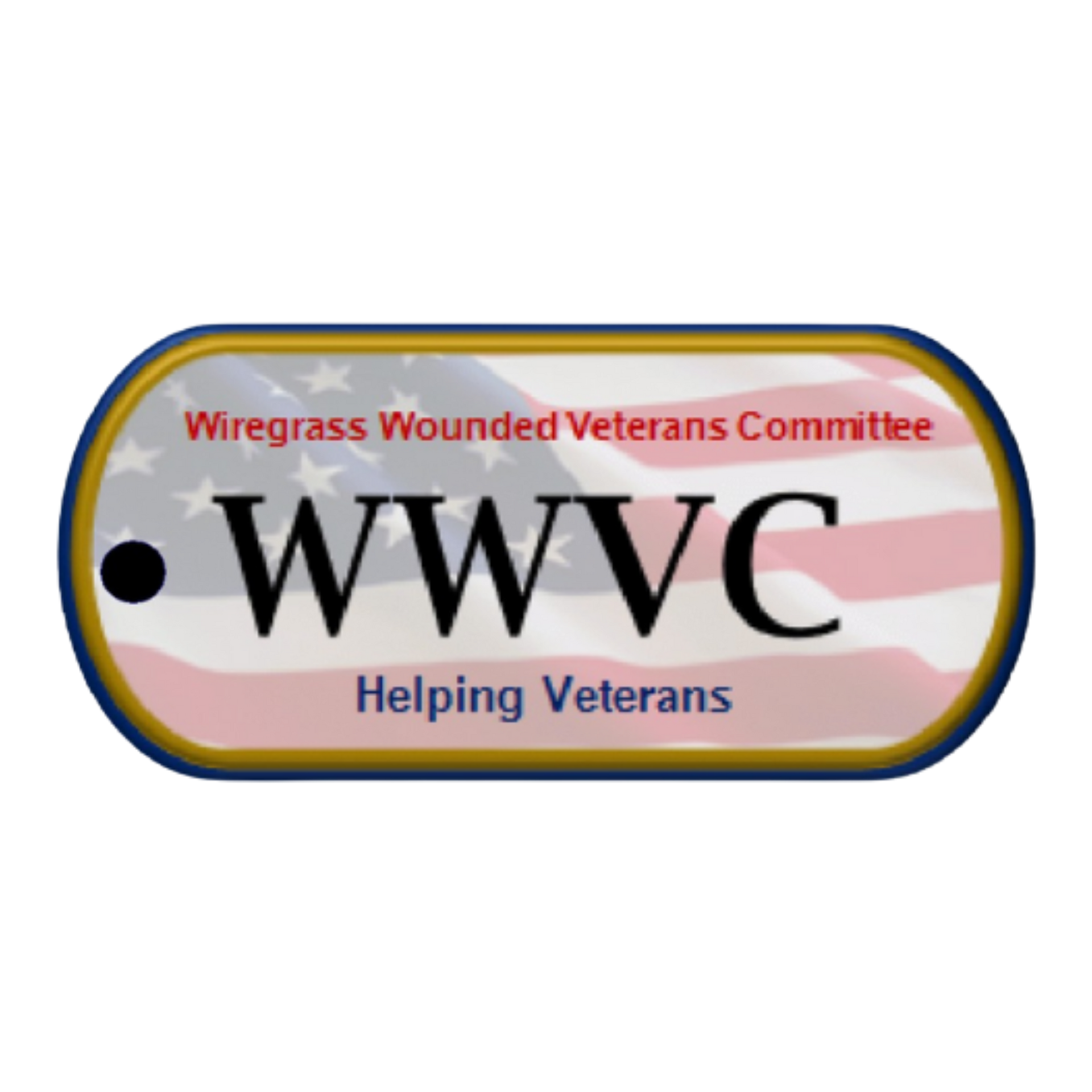 Dog tag logo for Wingate Wounded Veterans Committee with US flag background; text: WWVC, Helping Veterans.