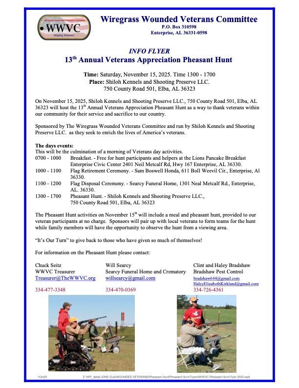 Flyer for 13th Annual Veterans Appreciation Pheasant Hunt, with details, schedule, and photos of participants.