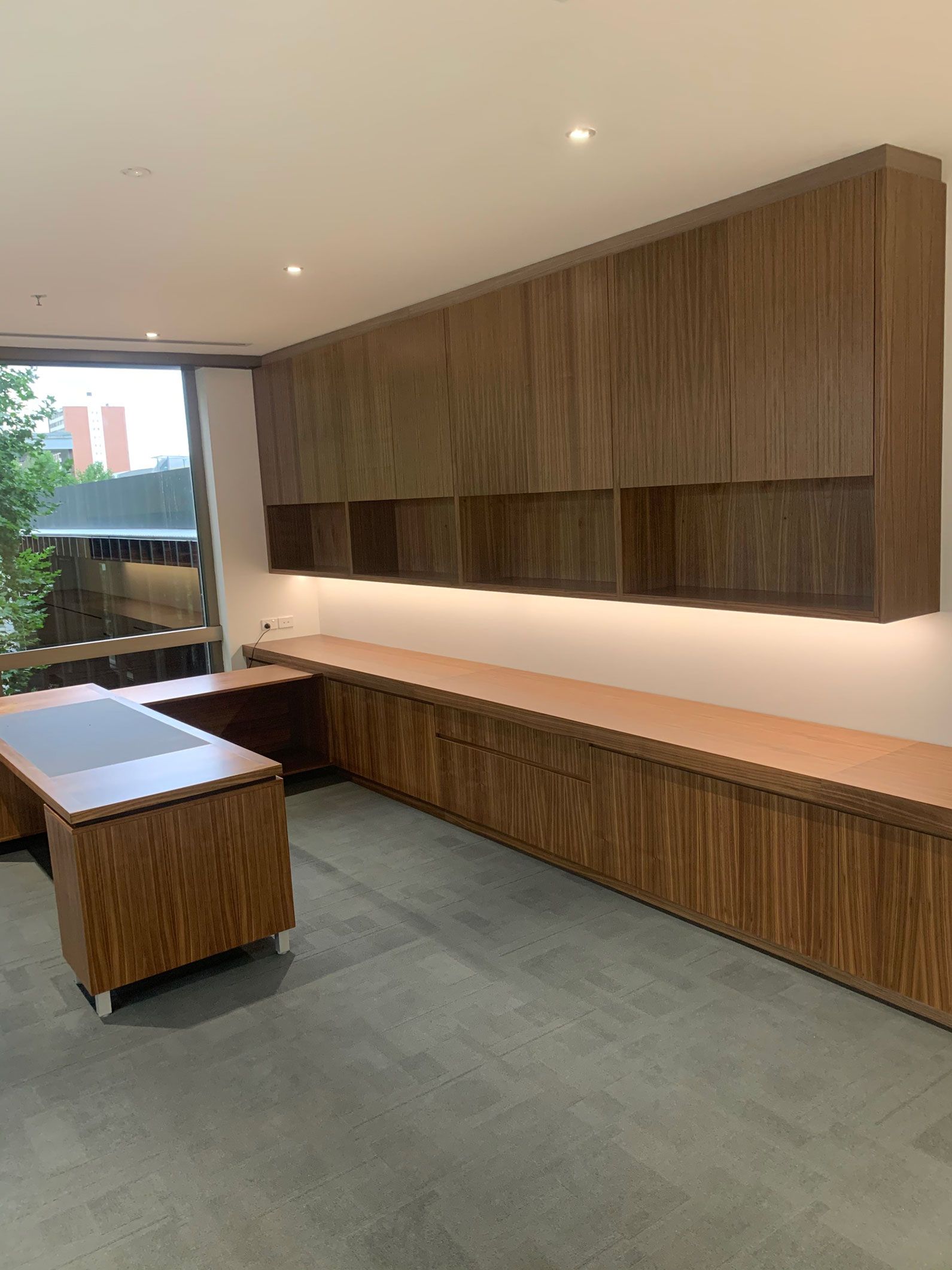 Office with wood cabinetry along the wall, built-in shelves, desk, and large window.