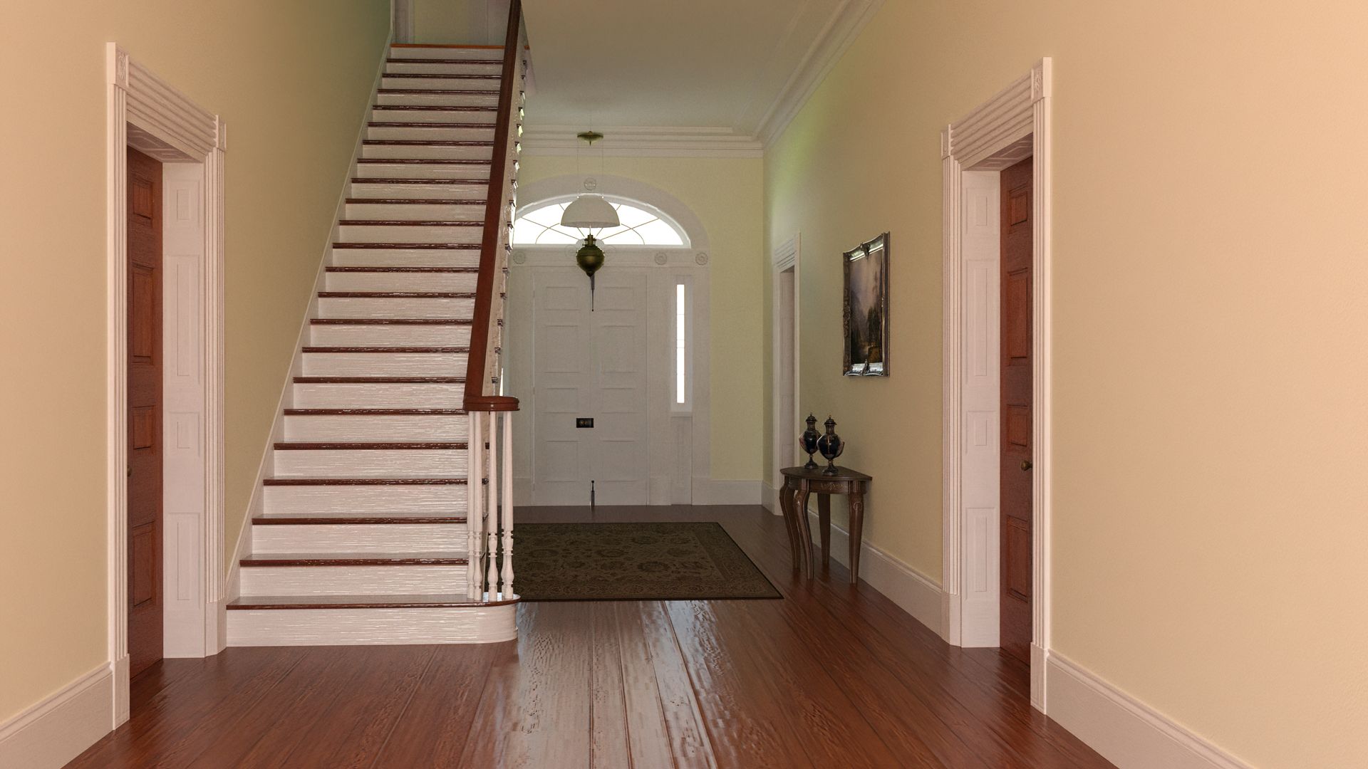 Hallway with staircase, two doors, and a table. Warm tones, wooden floors, and a front door with an arched window.