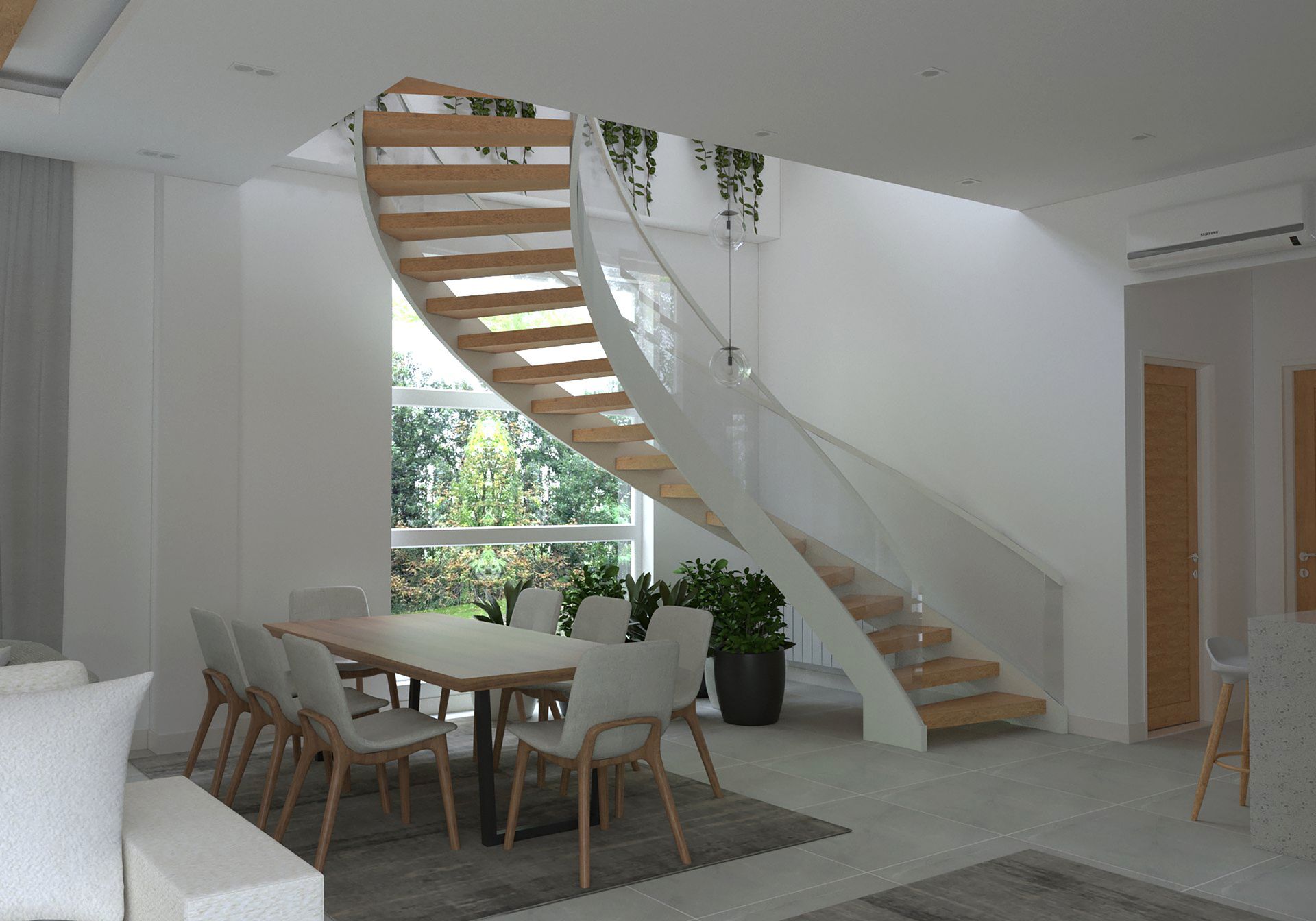 Modern white dining room with curved staircase and window overlooking greenery.