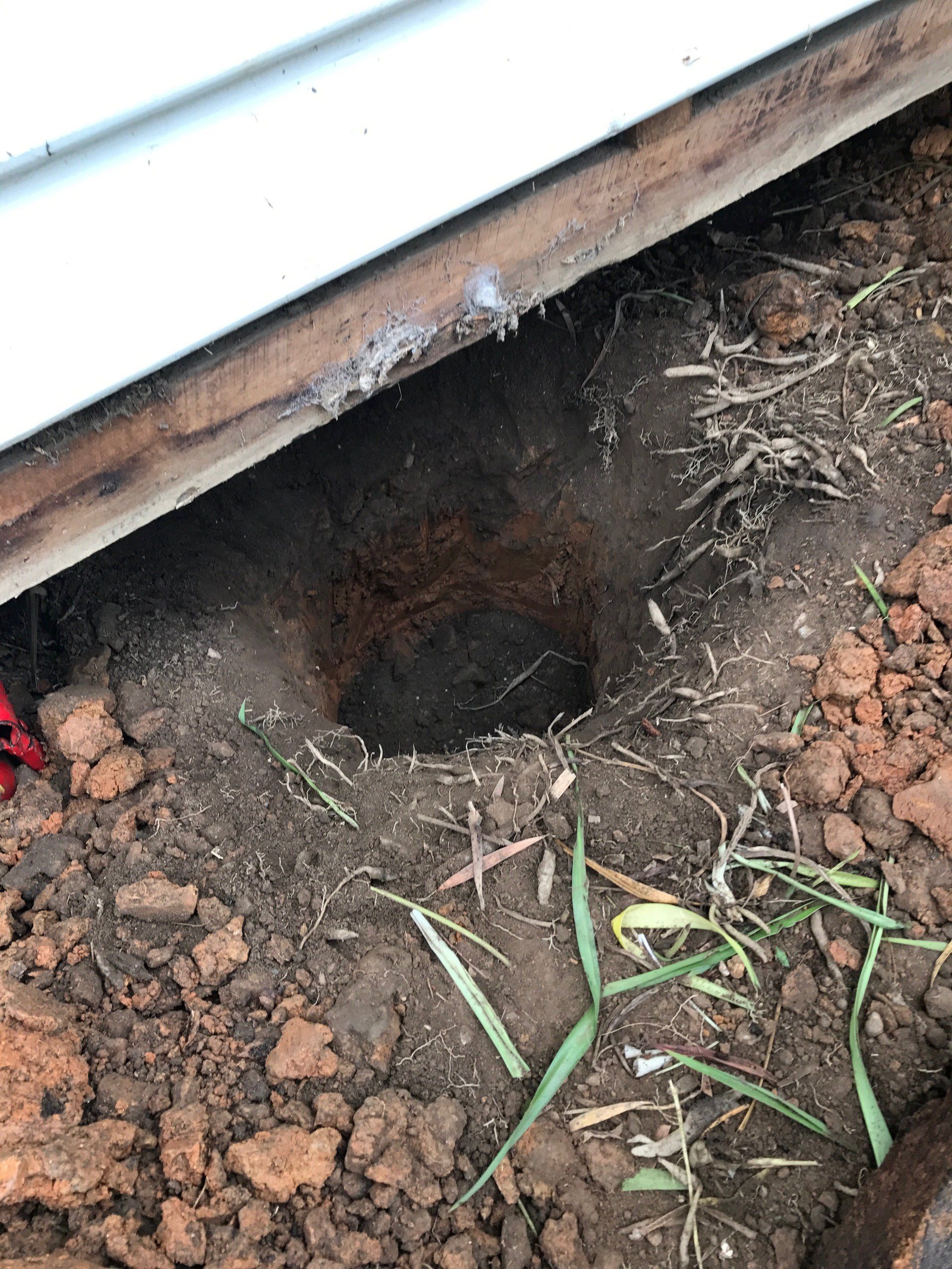 A hole in the ground under a house with grass growing out of it.