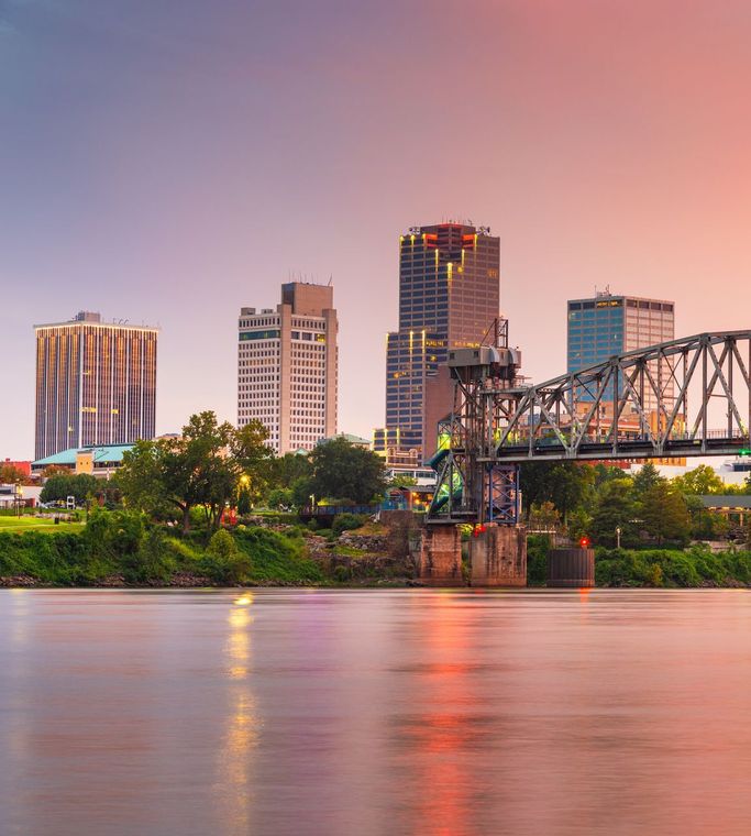 A bridge over a river with a city skyline in the background.