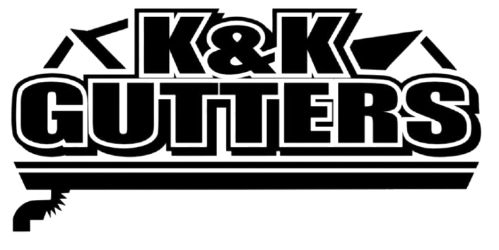 Black and white logo for K&K Gutters, featuring text above a stylized graphic of a gutter system with a downspout.
