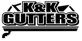 Black and white logo for K&K Gutters, featuring text above a stylized graphic of a gutter system with a downspout.