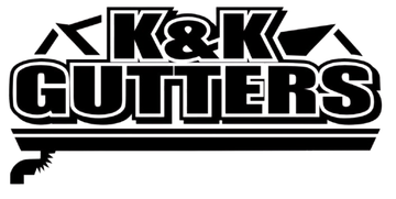 Black and white logo for K&K Gutters, featuring text above a stylized graphic of a gutter system with a downspout.