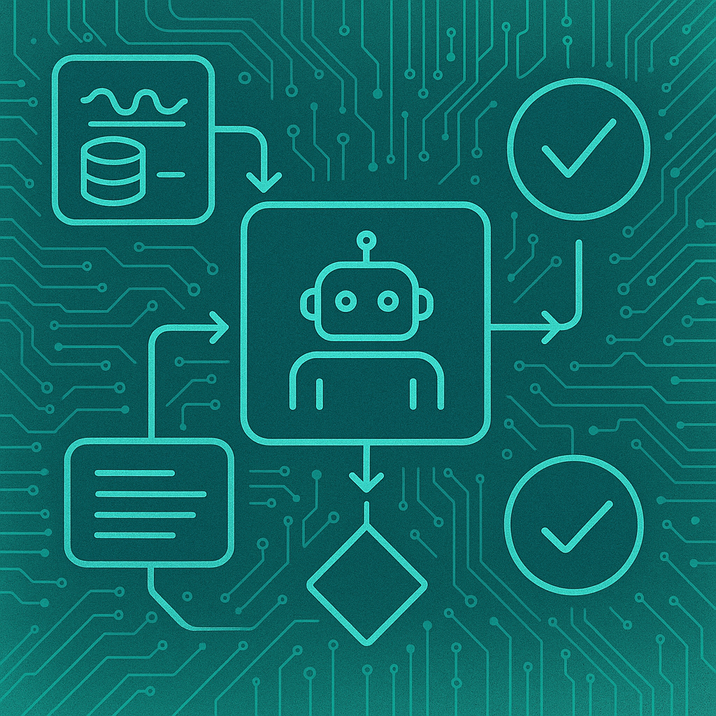 AI Agent  working with processes to take action. Green background.