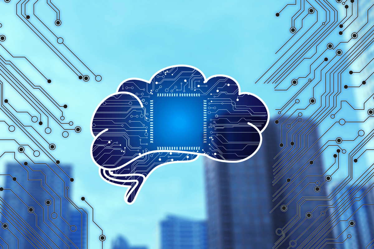 A purple brain made of lines and dots on a purple and blue background.