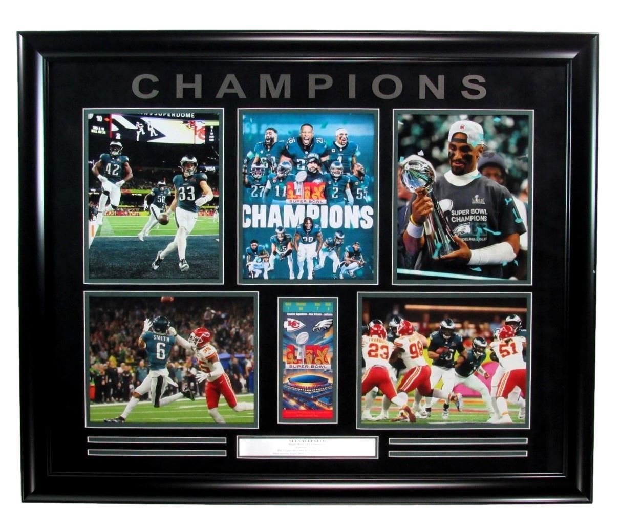 Framed collage: Philadelphia Eagles Super Bowl Champions with photos of the team and the trophy.