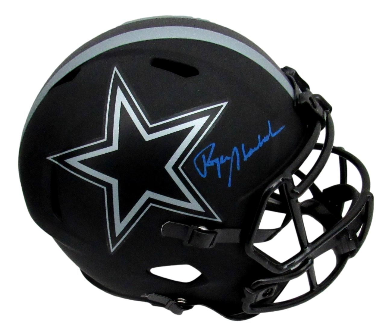Black football helmet with gray star logo, stripe, and signature.