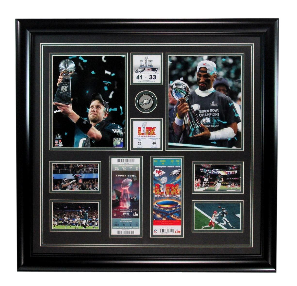 Framed display: Eagles Super Bowl victory, featuring photos, tickets, and logo with black frame.