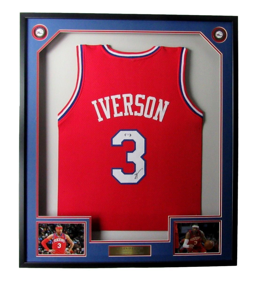 Framed Allen Iverson #3 Sixers jersey. Includes photos, a nameplate, and a blue/black frame.