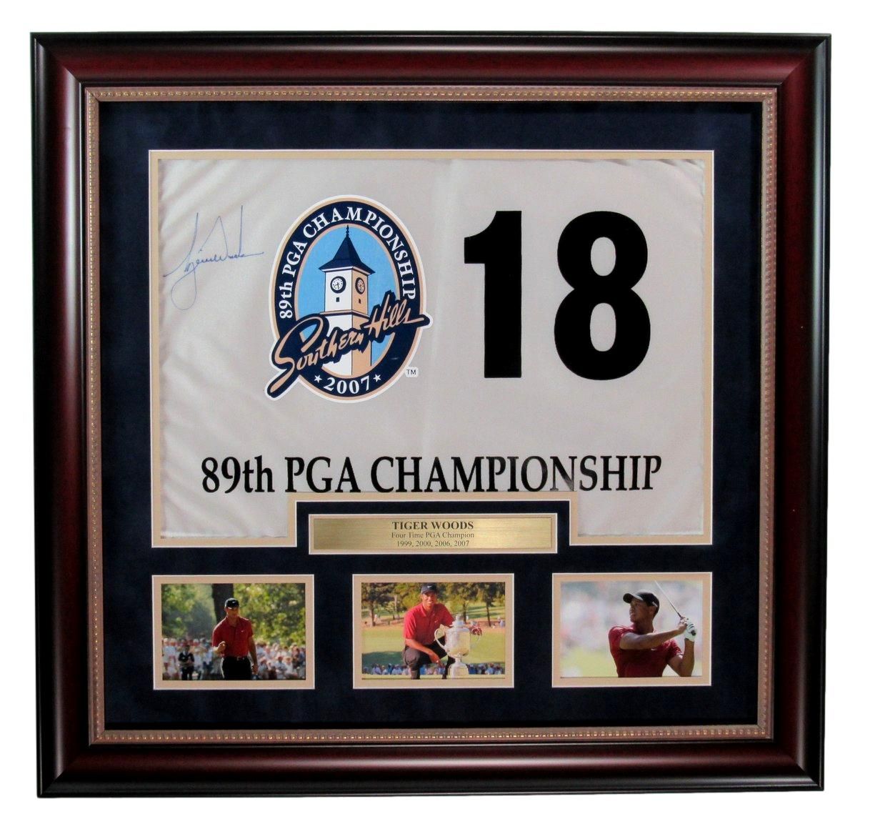 Framed display of a golf flag from the 89th PGA Championship at Whistling Straits, signed and with photos of Tiger Woods.