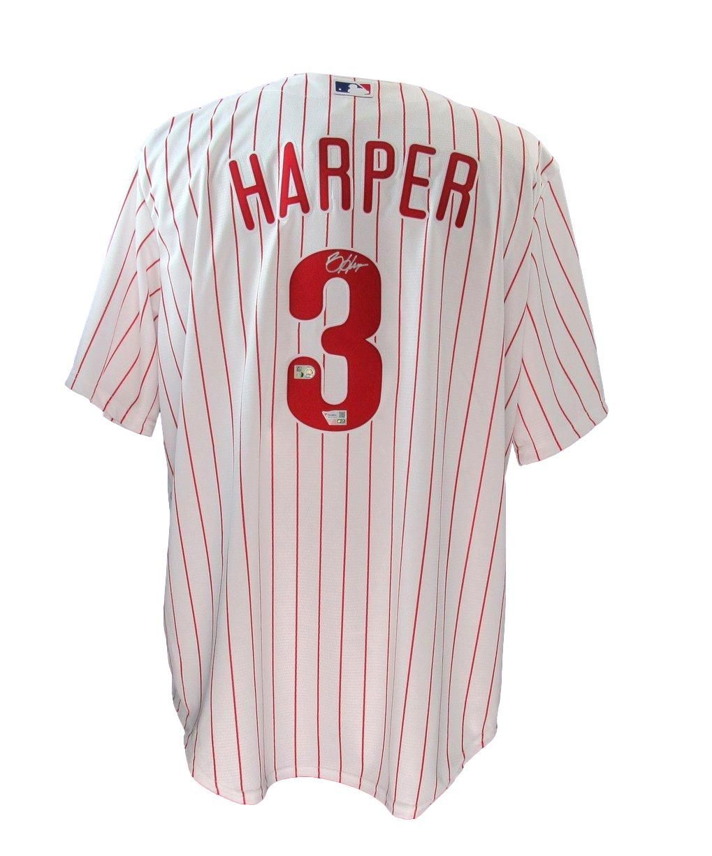 Philadelphia Phillies baseball jersey with Harper on the back, number 3, and red pinstripes.
