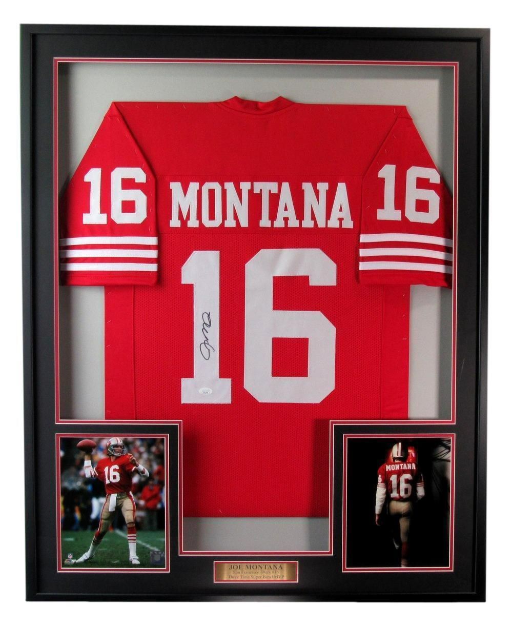 Framed Joe Montana #16 San Francisco 49ers jersey, signed, with photos and a nameplate.