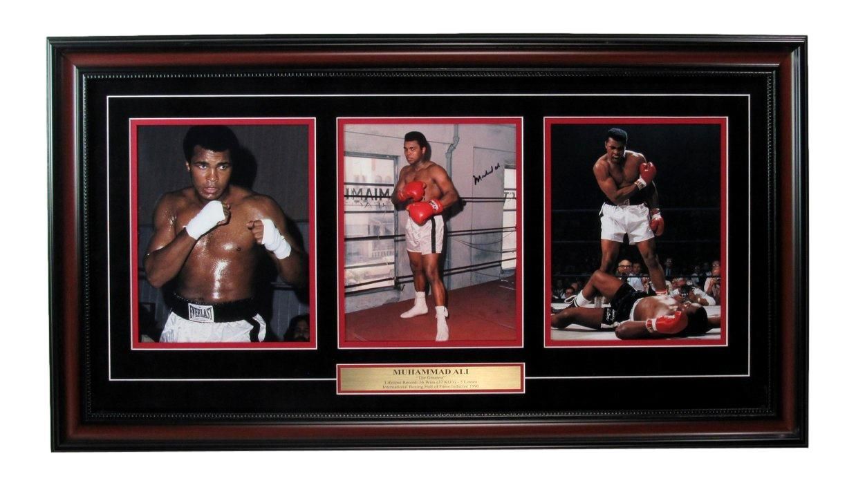 Framed triptych: Muhammad Ali in three boxing poses, red/black frame.